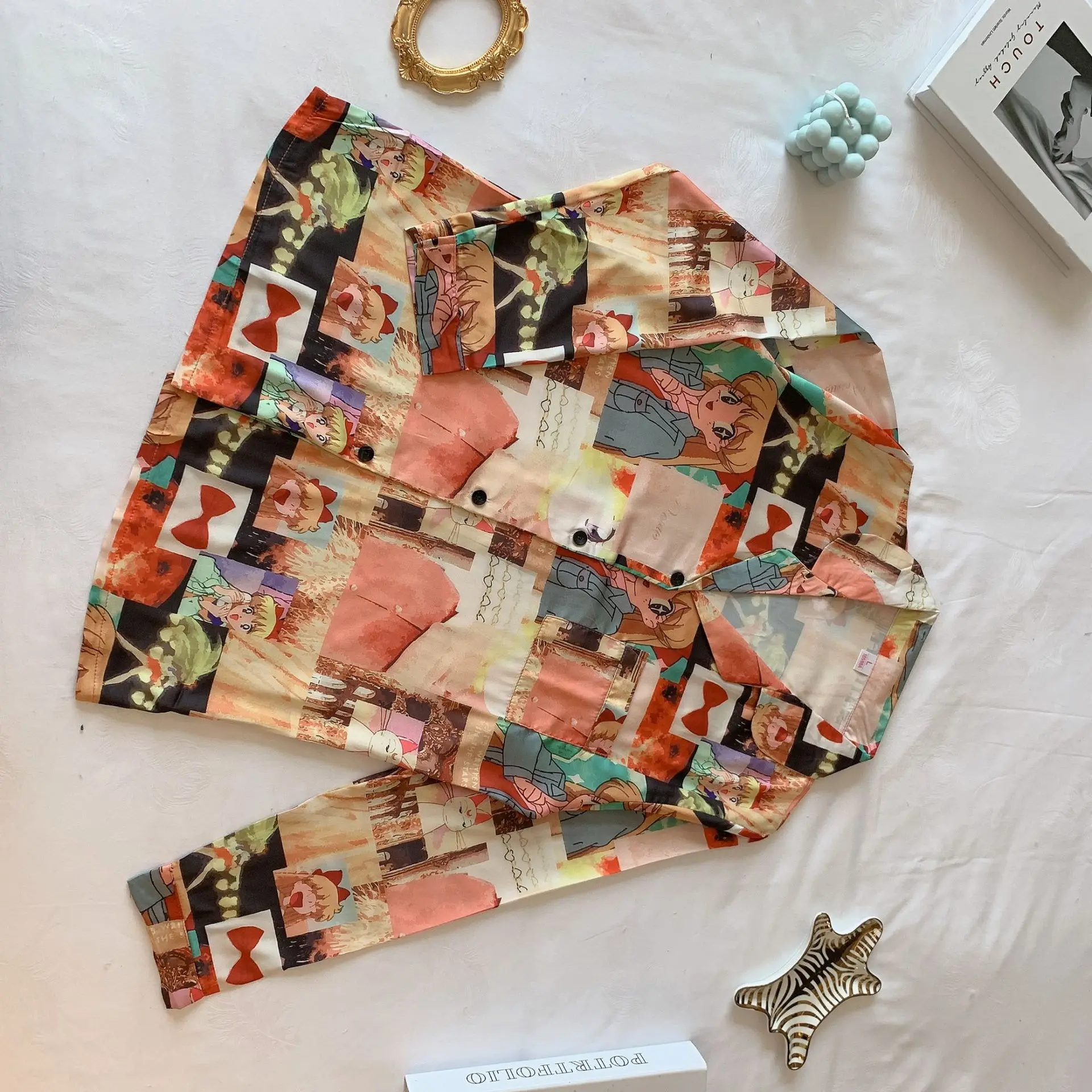 

2 Piece Pajama Set Women Cute Lapel Silk Sleepwear Sets Cartoon Pretty Girl Printing Casual Ice Snow Silk Womens Home Clothes