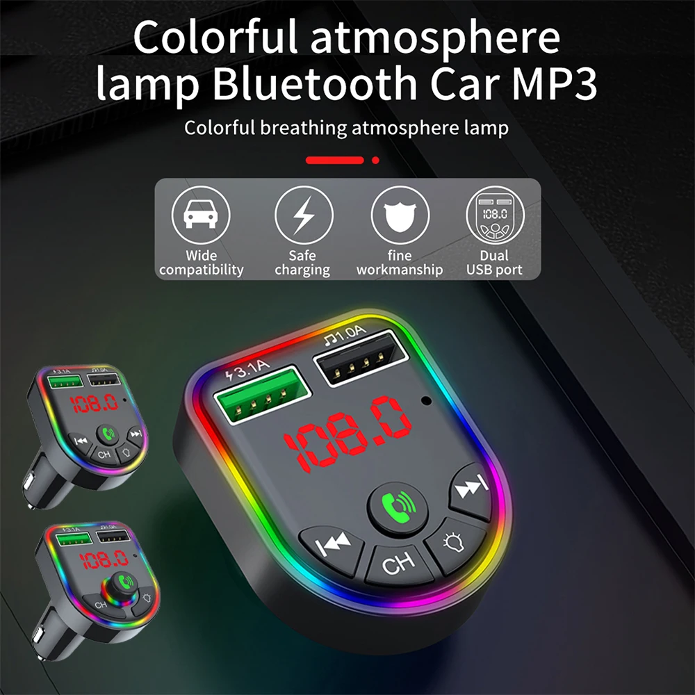 

FM Transmitter Bluetooth 5.0 Adapter Colorful Car Mp3 Handsfree Calling 2 USB Port with PD QC 3.1A TF Card U disk AUX Player