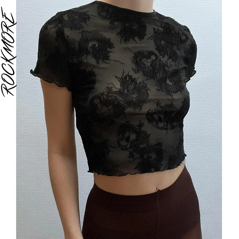 

Rockmore Dragon Pattern Print Mesh Crop Top Women Gothic See Through Short Sleeves T Shirts Streetwear Sexy Graphics Tee Summer