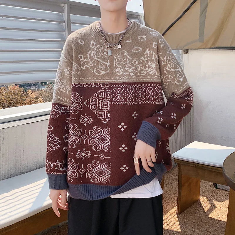 

O-neck Knitted Sweater Loose Casual Long Sleeve Retro Ethnic Printed Pullover All-match Tops Autumn Winter Trend Men's Clothes