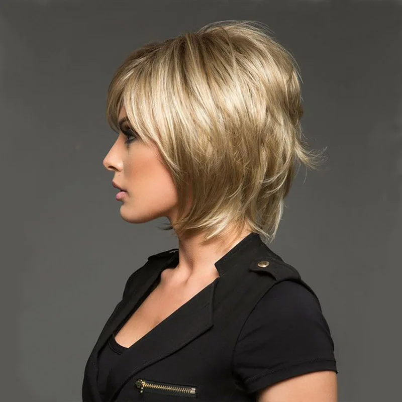 

Ladies Short Blonde Straight Wig Synthetic Wig With Side Part Bangs Nature Looking Daily Party Use For Women