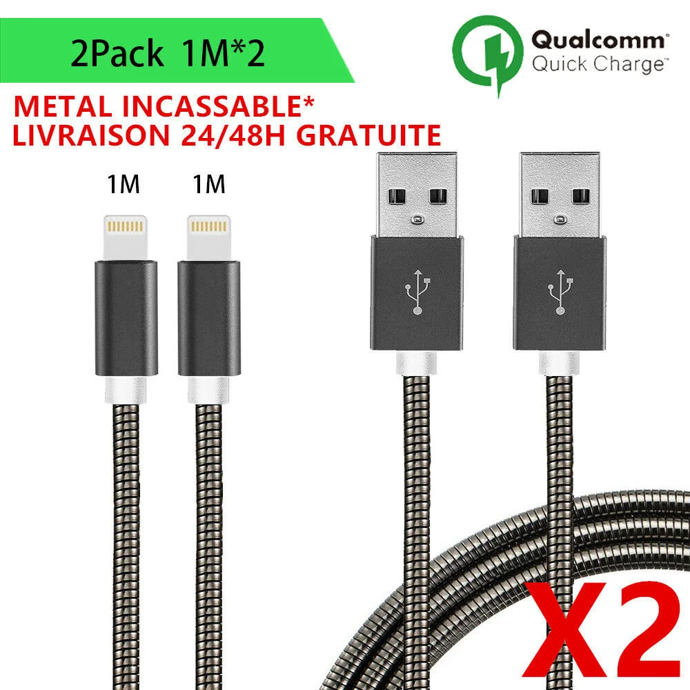 

LOT-2 REINFORCED METAL USB CABLE CHARGER FOR IPHONE X XR XS 8 7 6 5 SE PLUS
