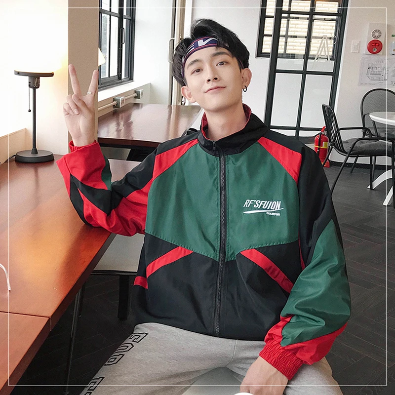 

Mens Jacket Spring Autumn New Korean Thin Bomber Jackets Male Loose Large Size Patchwork Windbreaker Jacket Sport Male Coats
