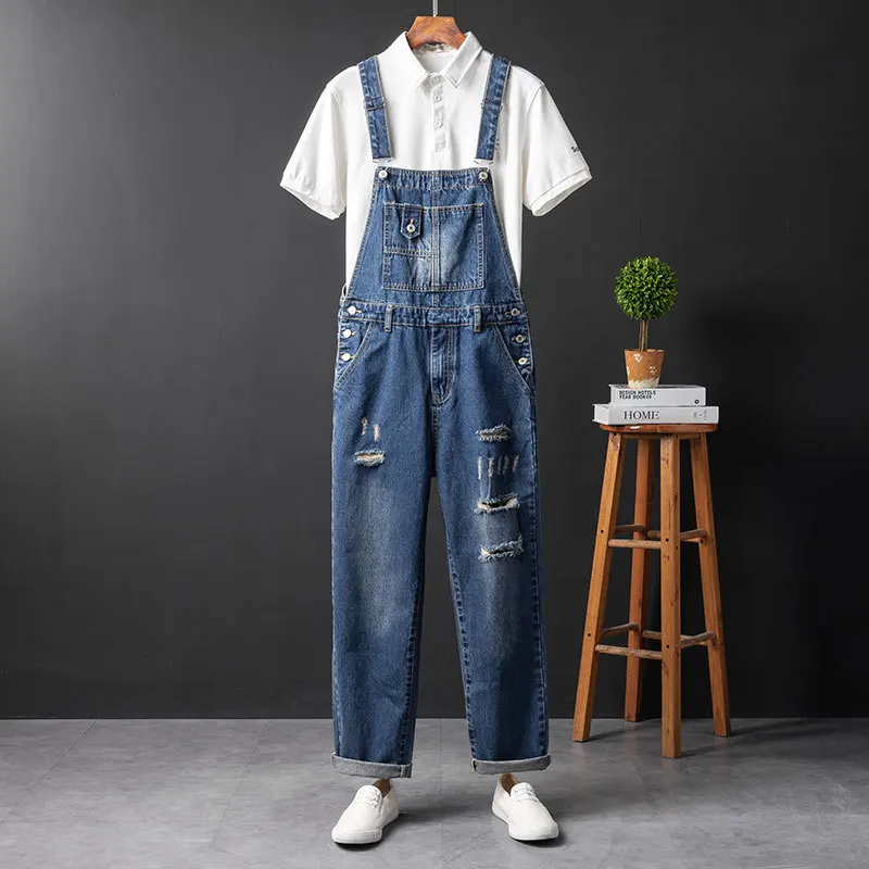 Men Denim Hole Bib Overalls Loose  Fashion Hip Hop Streetwear Jumpsuit Blue Tattered Jeans Homme Pants Freight Trousers