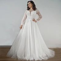 romantic long sleeves lace wedding dress sheer neck a line bohemian dot tulle bridal gown plus size vestido de novia
