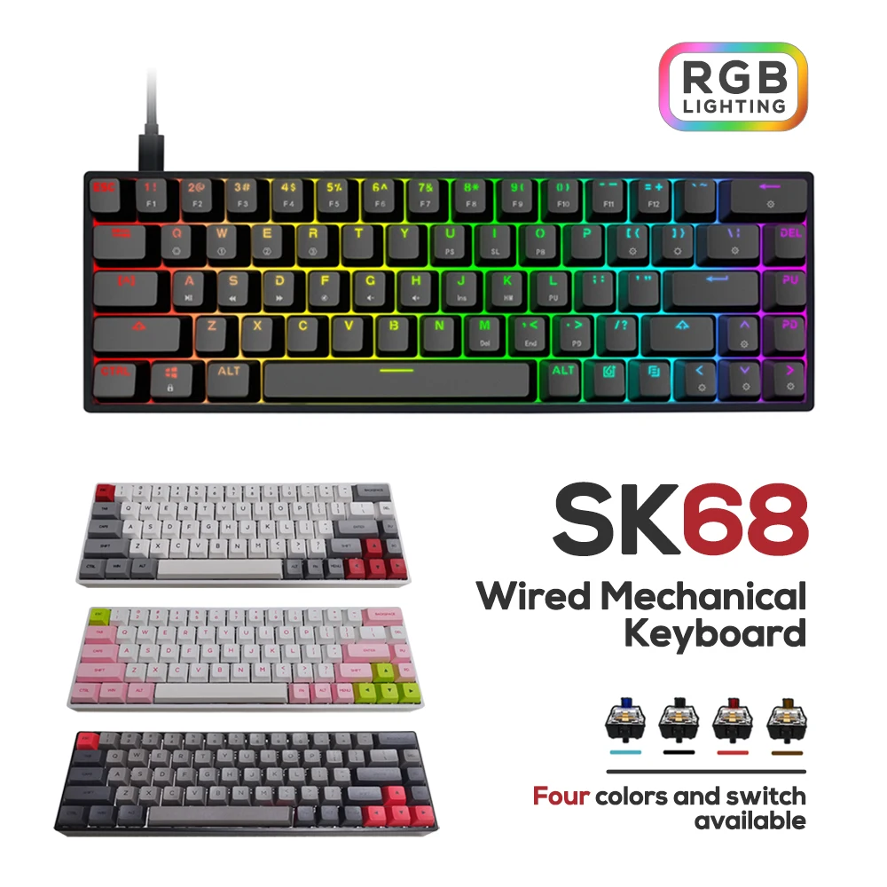 SK68 механическая клавиатура Gateron оптический переключатель Проводная RGB