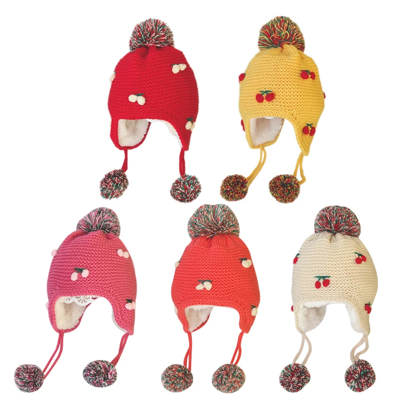 

Winter Baby Caps Girls Boys Hats With Plush Ball Design Toddler Cherry Print Casual Thicken Cap New 6Colors