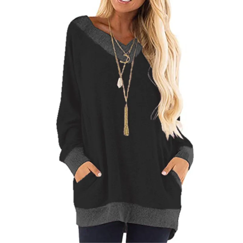 

OLOMLB 2021 Autumn Winter New Clothing Long Sleeve Female Puallovers V Neck Loose Casual Pockets Solid Women Sweatershirt Basic