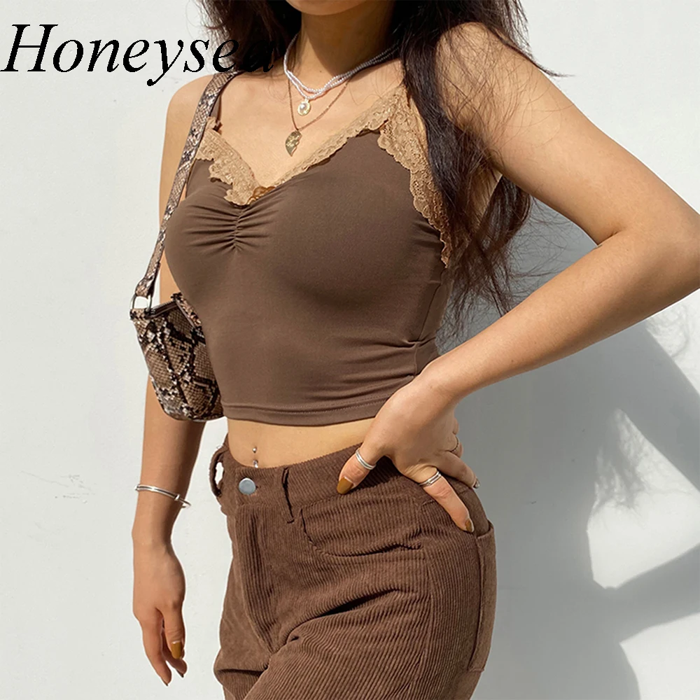 Unif коричневый Y2K Corest Топы Женский с кружевной отделкой милые миленькие в японском