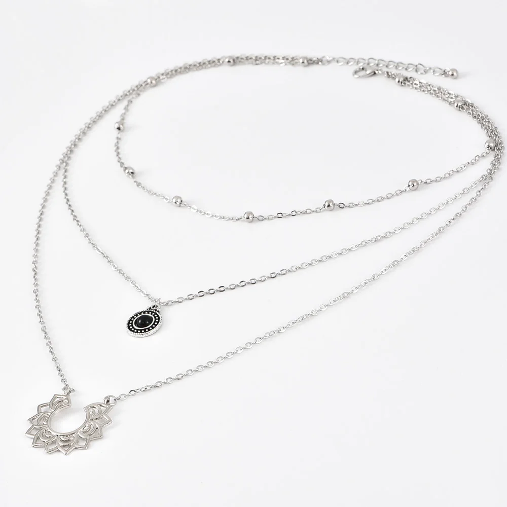 ALYXUY Bohemia Lotus Pendant Necklaces for Women Vintage Silver Color Beads Chain Necklace Jewelry Party Accessories | Украшения и