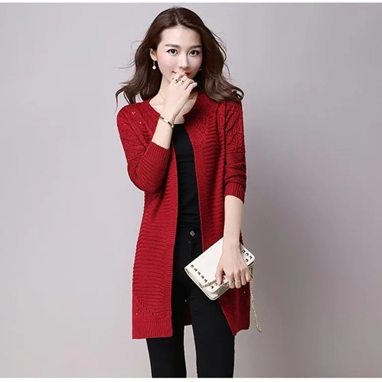 Women Hollow-Out Cardigans Knitted Sweater Long Sleeve Solid Color Slim Coat Casual Loose O-Neck Elegant Patchwork Sweaters |
