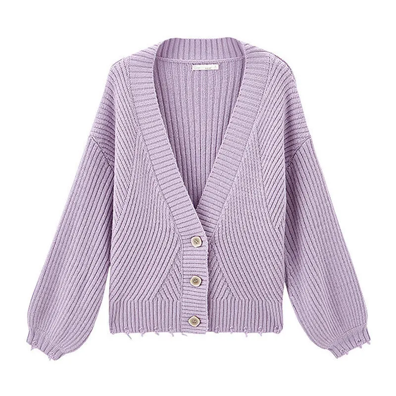 Light Purple INMAN, зима, Новое поступление, Одноцветный вязаный женский кардиган с v-образным вырезом и рукавом Бишоп - Цвет: Light Purple