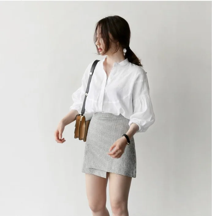 

2019 seven female spring lantern sleeve shirt collar sleeve shirt leisure relaxed joker small and pure and fresh coat