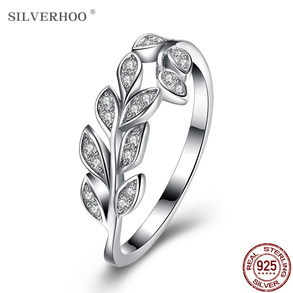 

SILVERHOO 925 Sterling Silver Ring Jewelry For Women Simple Dazzling CZ Olive Branch Plant Finger Rings Female Anniversary Gift