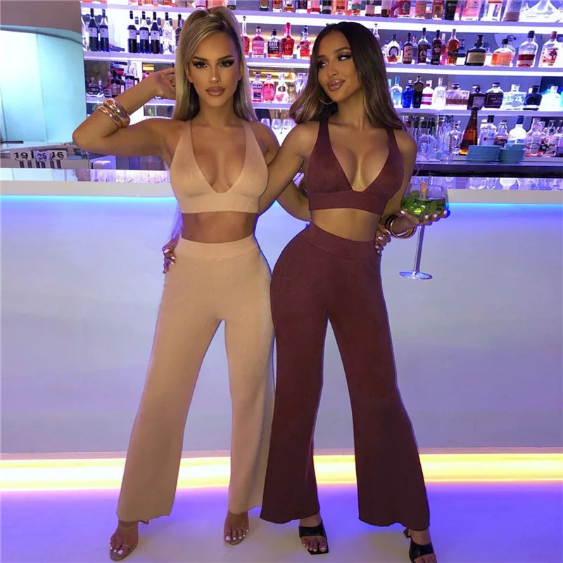 

Casual Sleeveless Criss Cross Tank Top Two Piece Set Pants Women Ribbed Knitted V-Neck Vest Wide Leg Pants Matching Fall Female