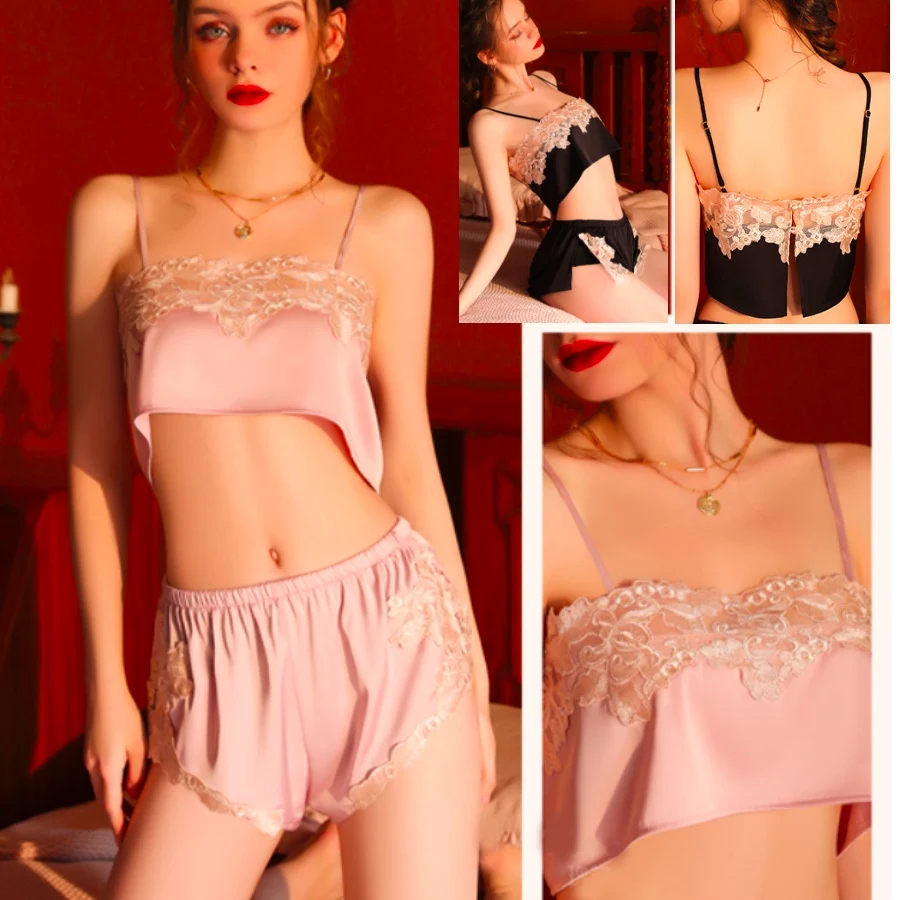 

New Pyjamas Women Sexy Lace Sling Satin Sling Nightwear Sleeping Dress Sleepwear Silk Pajamas Pijama Verano Mujer Sexy Lingerie