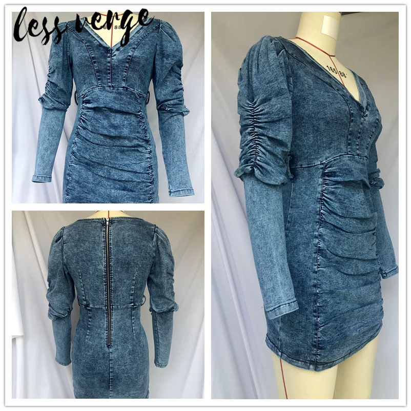 Lessverge с пышными рукавами и v образным вырезом Синее джинсовое короткое платье
