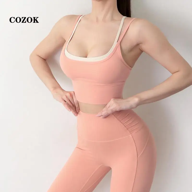 

New Ladies Fake Two-piece Yoga Bra Trousers Yoga Clothes Shockproof Gathering Quick-drying Color Matching Sports Fitness Clothes