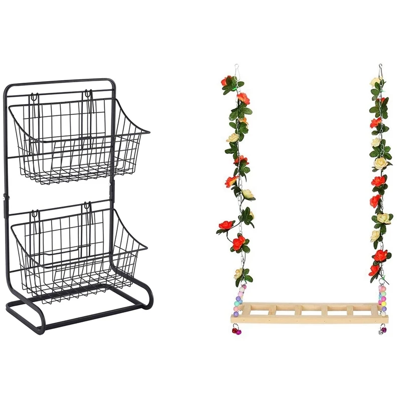 

Chicken Parrot Swing Toy Natural Wood Bridge Stand & 2 Tier Metal Storage Basket Fruit Vegetable Snacks Shelf