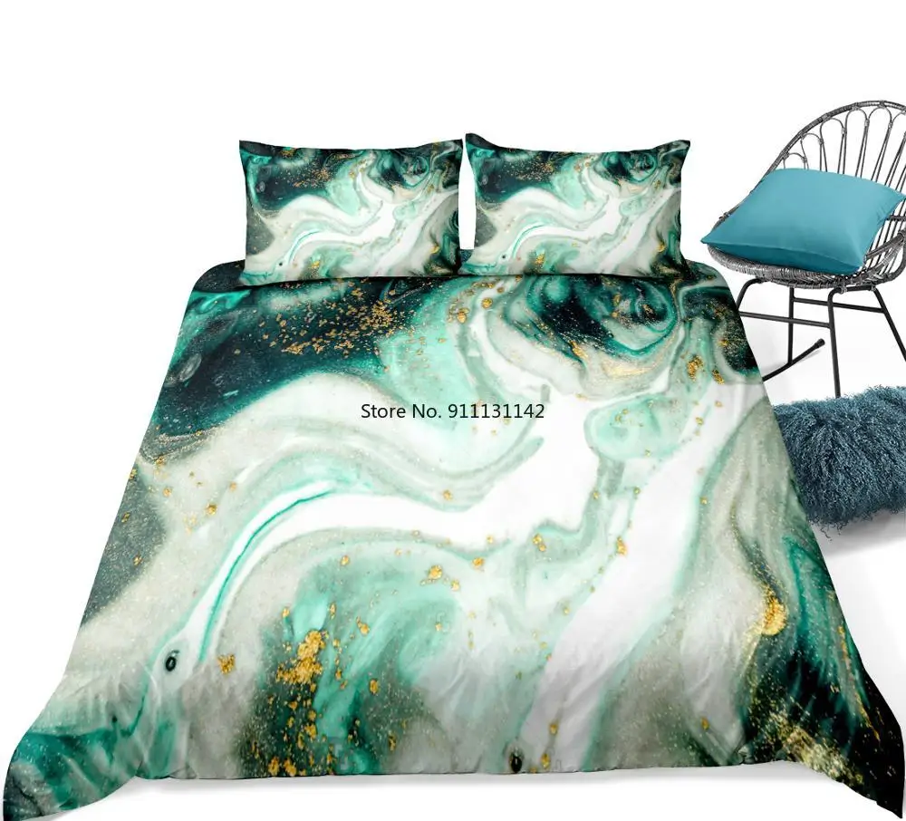 

3 Pieces Marble Duvet Cover Set Green Gold Luxury Marble Bedding White Marble Abstract Art Quilt Cover Queen Bed Set Dropship