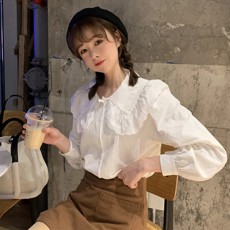 

Women Shirts Spring And Summer Korean Chic Temperament Baby Collar White Shirt Student Leisure Long Sleeve Blouse Female