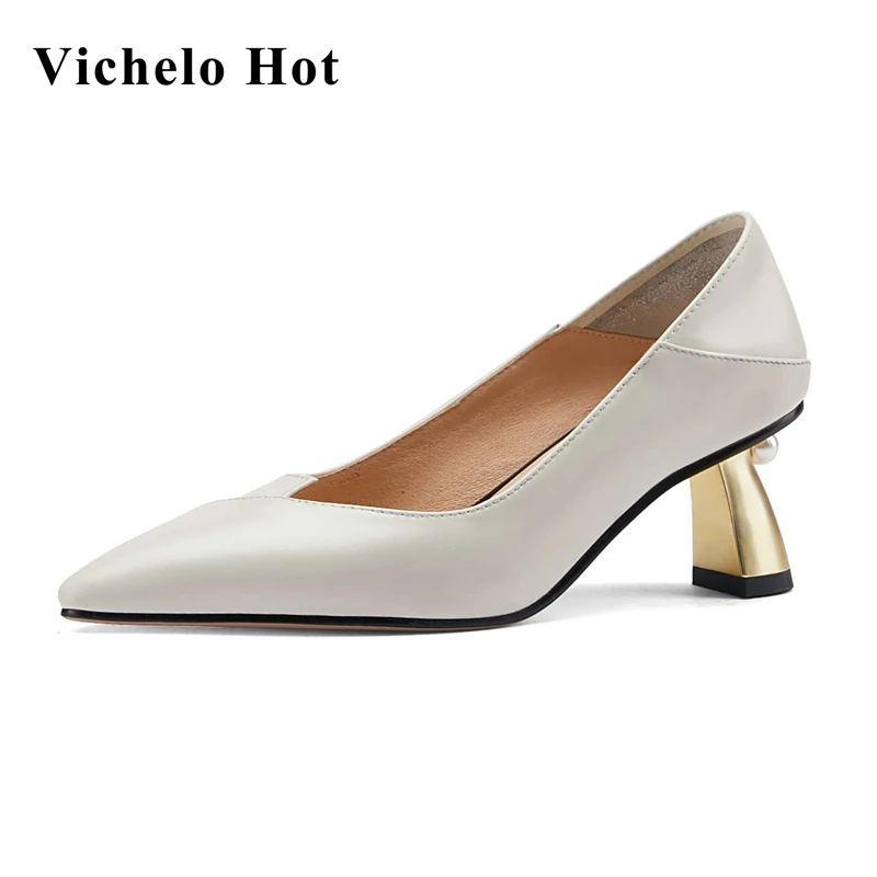 

Vichelo Hot large size natural leather pointed toe strange high heels office lady daily wear simple style cozy women pumps L9f2