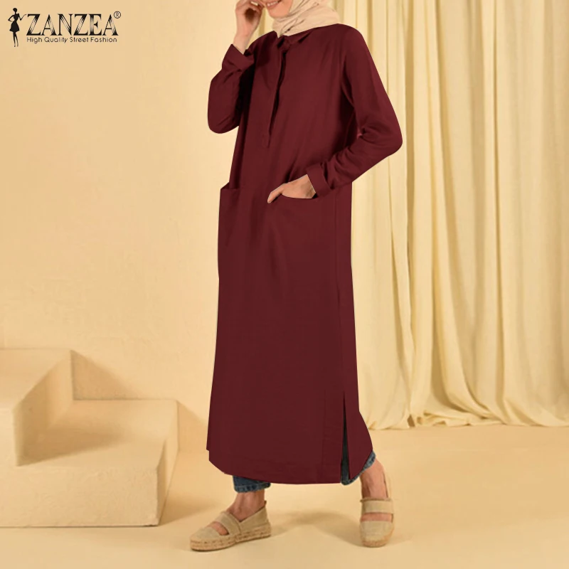 

Мусульманское платье, повседневное длинное платье с длинным рукавом, женское платье с отворотом, винтажный раздельный женский Однотонный с...