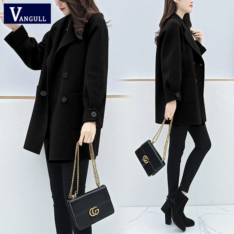 Vangull Women Wool Coat Winter Fall Single Breasted Long Coats Solid Turn-down Collar Loose Korean Female Jackets Outerewar | Женская