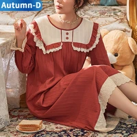 autumn plus size night dress women cotton nightgowns long sleeve home clothes wear lace sleepwear femal nightie retro nightdress