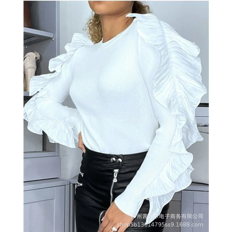 

WEPBEL женская элегантная трикотажная рубашка с оборками, Женский Повседневный модный осенний облегающий трикотажный свитер с длинным рукаво...