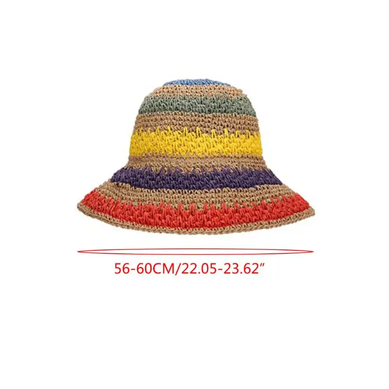 

Women Handmade Crochet Straw Sun Hat Rainbow Colorful Stripe Sunscreen Beach Cap