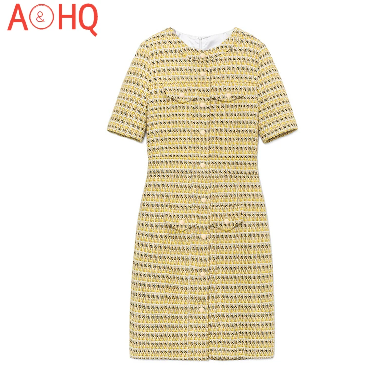 

Женское твидовое платье с коротким рукавом, желтое приталенное платье с бахромой, весна-осень 2021
