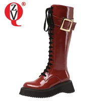 zvq women winter new style fashion knight boots patent leather belt buckle decoration round toe flat bottom comfortable