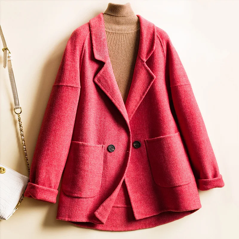 

Женское двустороннее шерстяное пальто, свободное двубортное пальто средней длины с большими карманами и длинными рукавами, Корейская моде...