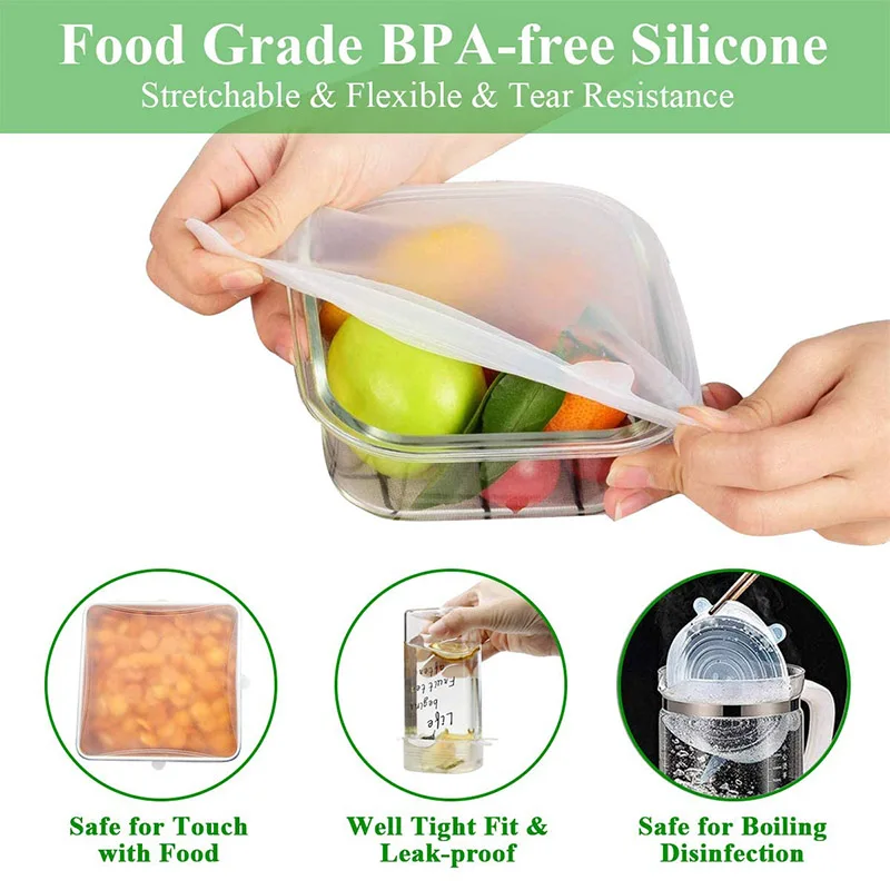 Квадратные силиконовые эластичные крышки 6 упаковок для пищевых продуктов не
