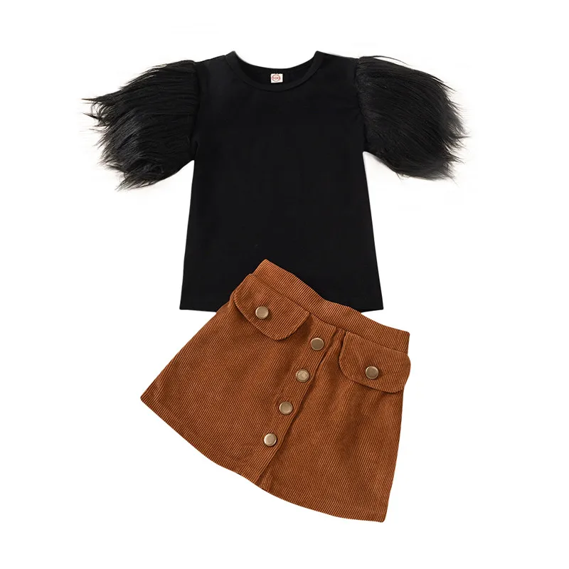 

Girls Cute Skirt Suit Feather Short Sleeve Round Neck Top A Line Slim Skirt Button Decoration Dress Set