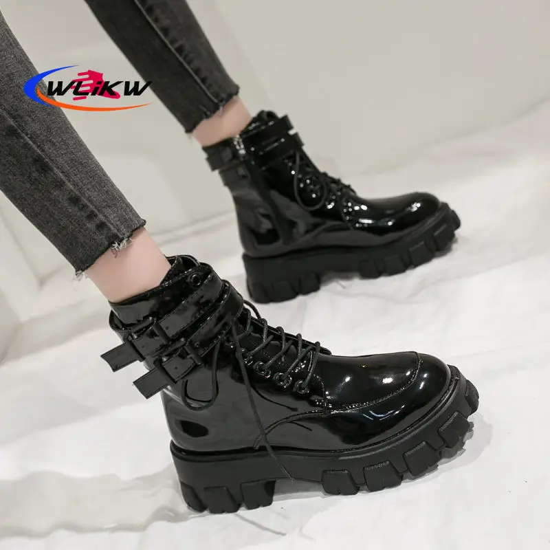 

2021 Women's Boots Thick Bottom British Wind Short Boots Laced Motorcycle Boots Patent Leather Martin Boots Plus Velvet