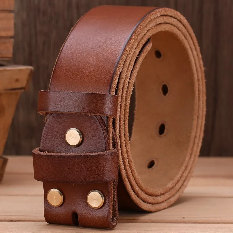 khaki without buckle Твердый латунный ремешок с пряжкой из натуральной кожи, мягкие мужские ремни, Роскошные из натуральной кожи коричневого цвета, высокое качество, 3,8 см, ковбойский стильный кофейный - Цвет: khaki without buckle