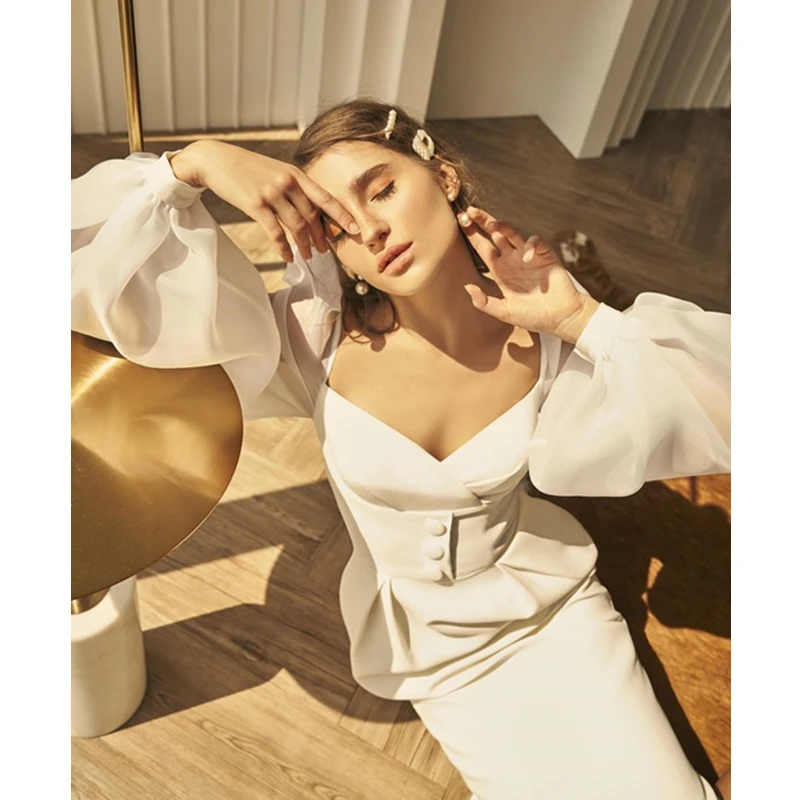 Женское Сетчатое платье с длинным рукавом элегантное белое v-образным вырезом