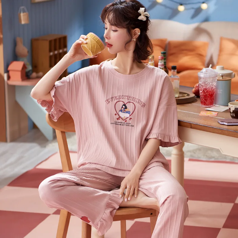 

Female Elegant Purple Short Sleeve Homewear Princess Sleepwear Kawaii Sailor Moon Print Women Summer Pajamas Set Cotton Pajamas