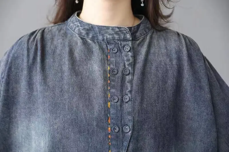 

2020 spring new literary breasted collar embroidered denim shirt loose, casual tops women skirts girl