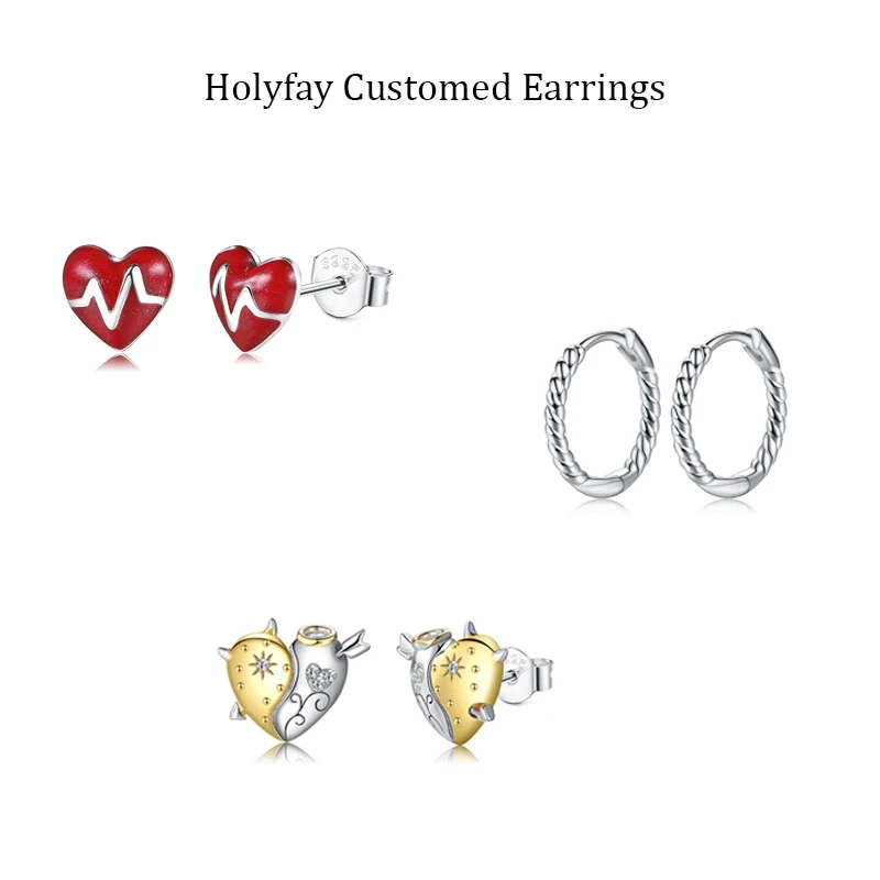

Holyfay Customed Heart Stud Earrings Real 925 Sterling Silver Women Fashion Hoop Luxury Jewelry For Statement Bijoux Femme
