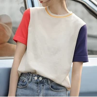 women summer casual round neck tops 2021 new fashion hit colour patchwork short sleeve slim t shirts female harajuku tees pop