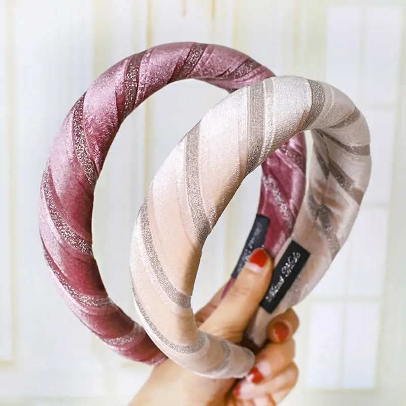 

Ethnic Thicken Padded Velvet Wide Headband Hot Stamping Glitter Twill Stripes Hair Hoop Women Prom Party Styling Retro Headwear