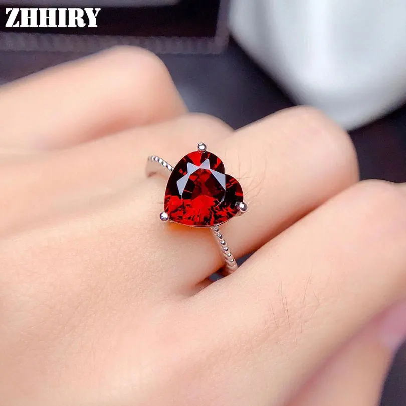

ZHHIRY Genuine Natural Red Garnet Ring 925 Sterling Silver Rings For Women Color Gemstone 9*9mm Heart Shape Fine Jewelry