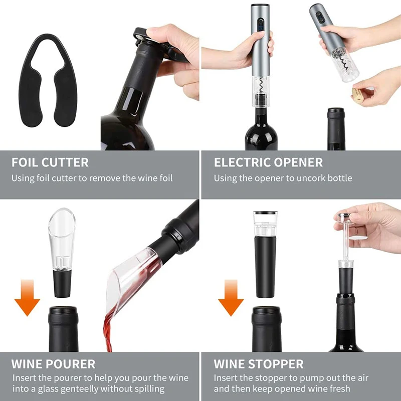 

4-In-1 Electric Wine Bottle Opener Gift Set Upgraded One Touch Automatic Corkscrew Wine Opener with Foil Cutter for Kitchen Bar