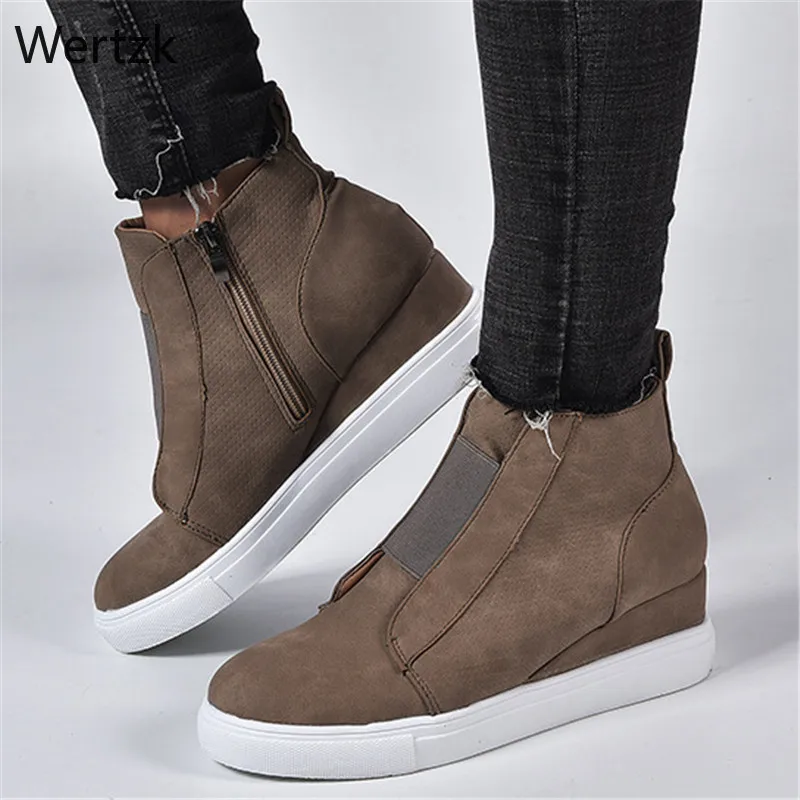 Осенняя обувь Женские кроссовки на танкетке молнии платформе Женская кожаная