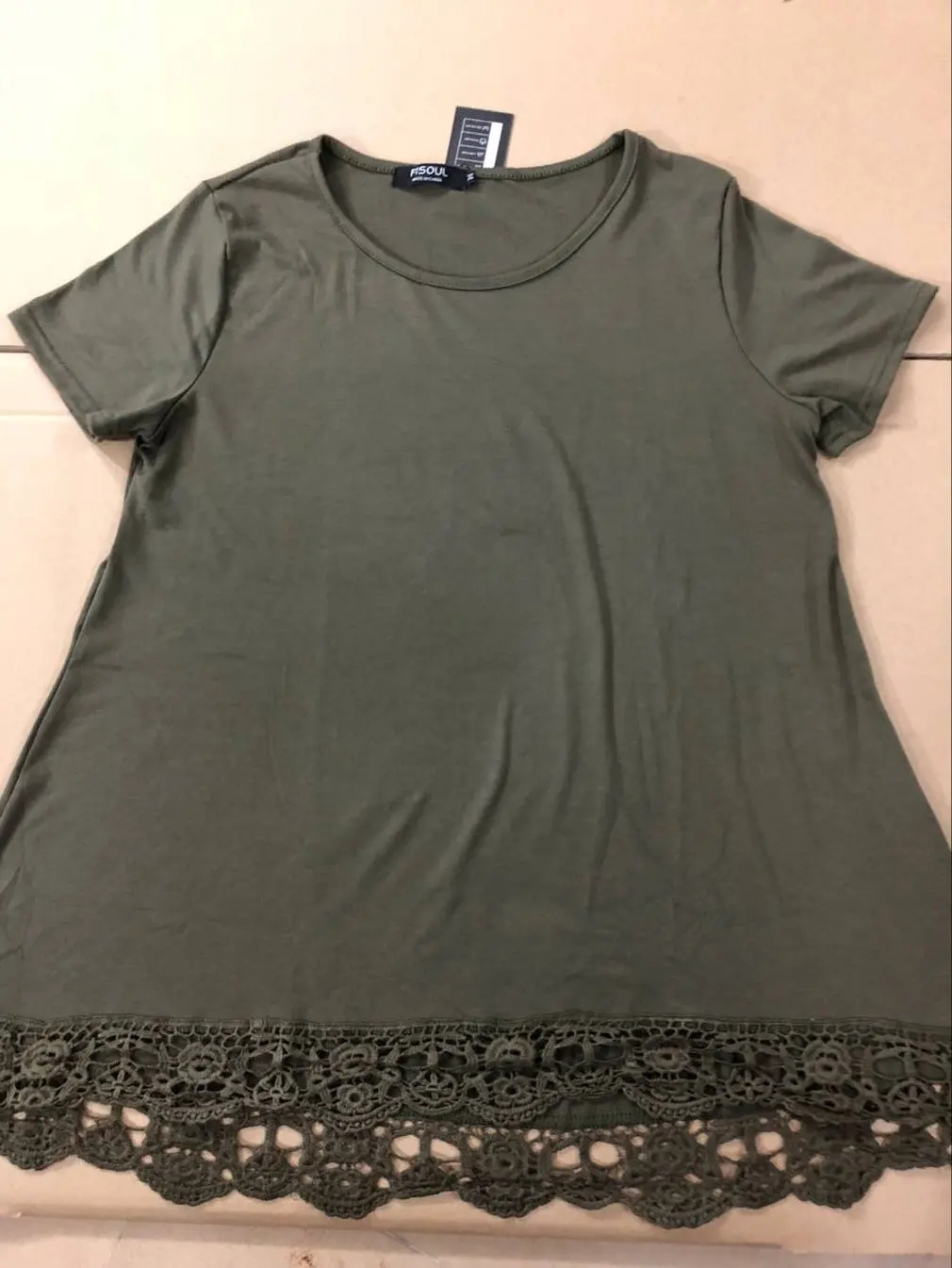 Women Short Sleeve T-shirt Casual Loose Round-neck Blouse Bottoming with Lace Stitching Decor Girls Solid Color Tops | Женская одежда