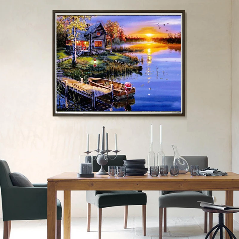 Алмазная картина &quotсделай сам&quot Сказочный Дом у озера лодка вышивка крестиком