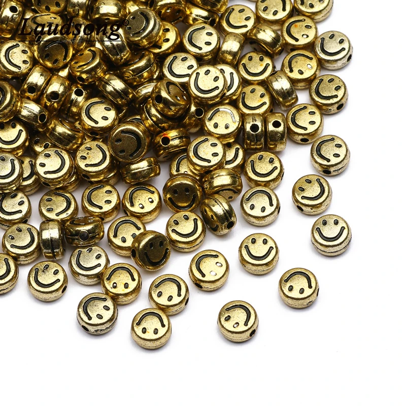 

Акриловые бусины 4x7 мм, золотистые круглые бусины с улыбающимся лицом, принадлежности для изготовления ювелирных изделий «сделай сам», аксе...